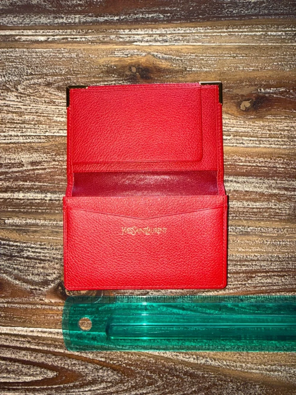 Yves Saint Laurent Red Leather Card Holder with Gold Corner Accents
